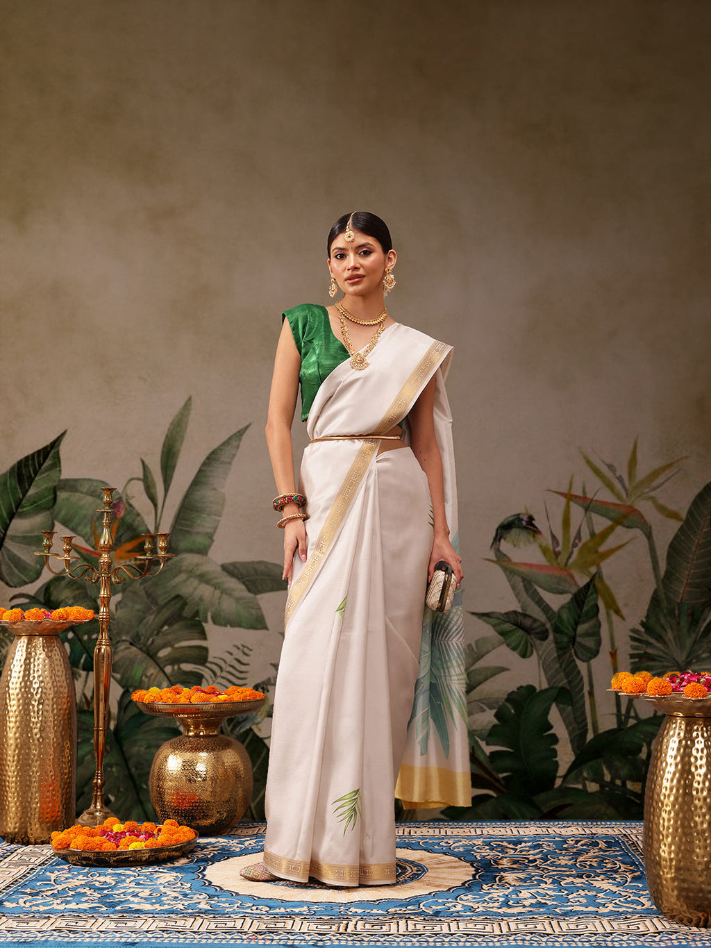 Hiral Fashion Off White Onam Art Silk Floral Digital Print Saree