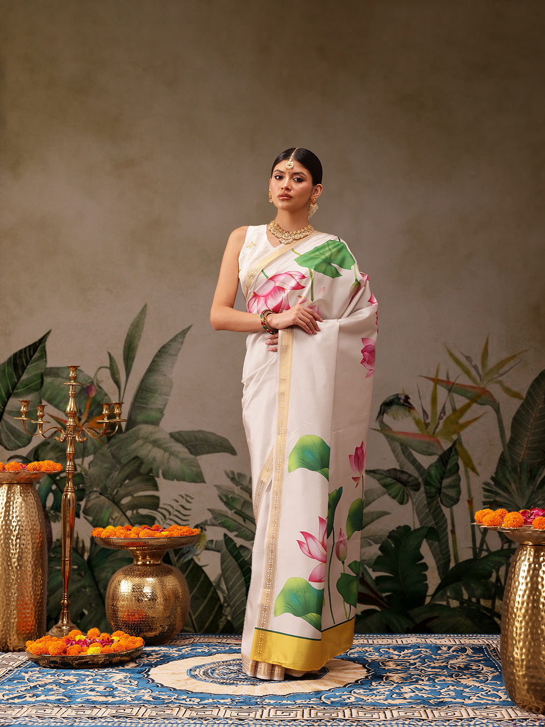 Hiral Fashion White Onam Art Silk Floral Digital Print Saree