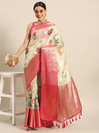 Beige Chanderi Art Silk Printed Floral Saree with Unstitched Blouse - Hiral Fashion