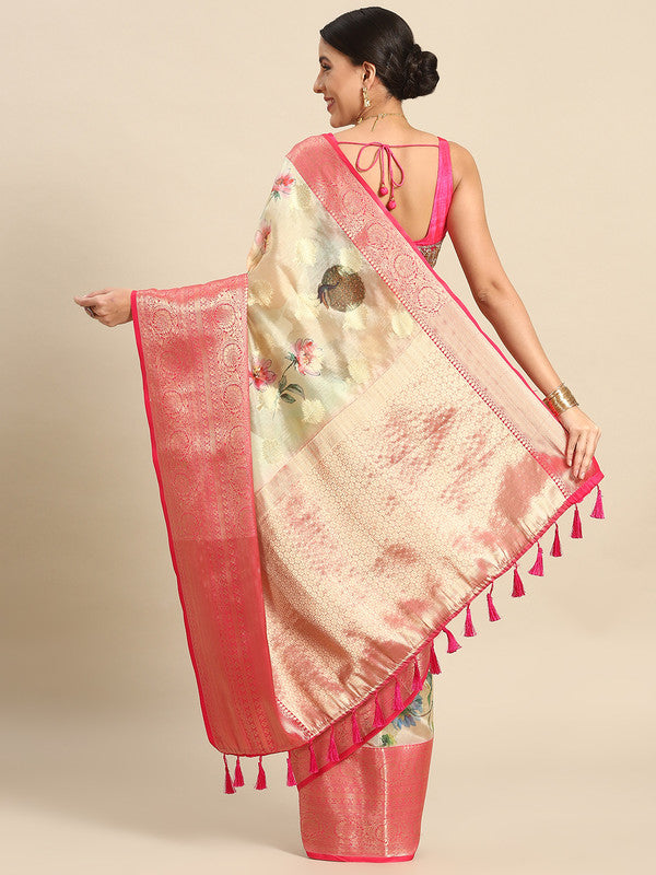 Beige Chanderi Art Silk Printed Floral Saree with Unstitched Blouse - Hiral Fashion