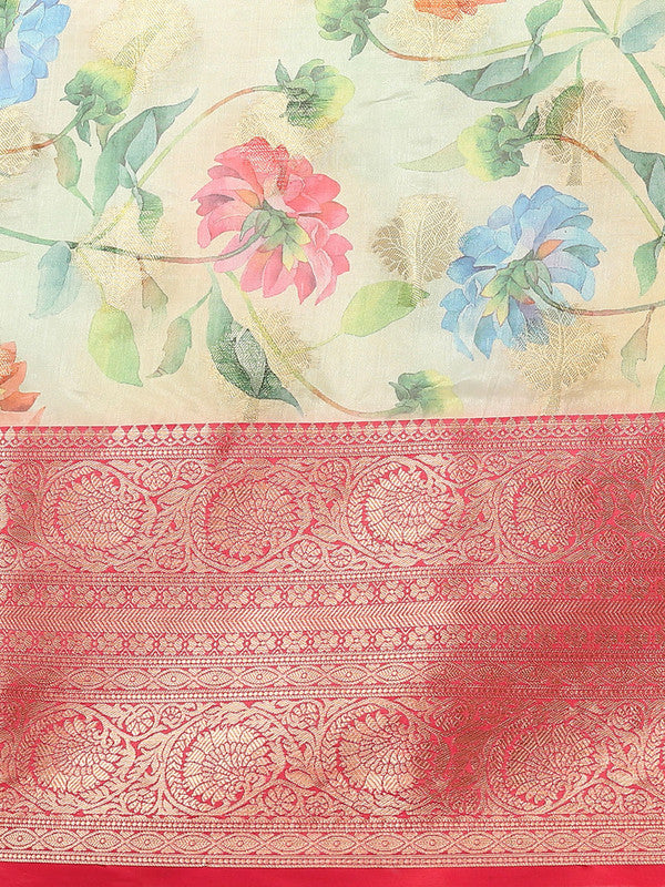 Beige Chanderi Art Silk Printed Floral Saree with Unstitched Blouse - Hiral Fashion