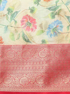 Beige Chanderi Art Silk Printed Floral Saree with Unstitched Blouse - Hiral Fashion