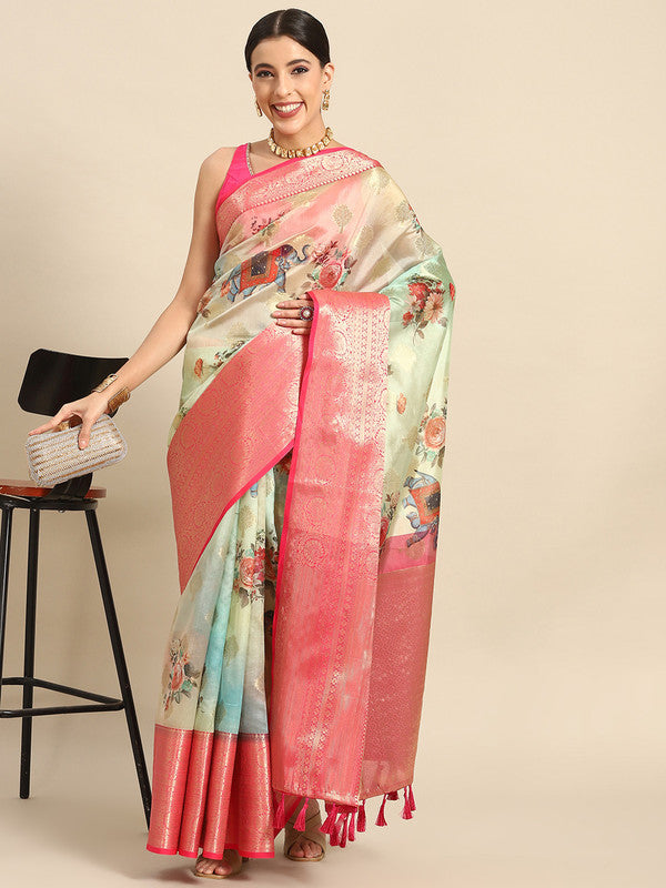 Green Chanderi Art Silk Printed Floral Saree with Unstitched Blouse - Hiral Fashion