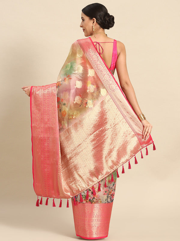 Multicolor Chanderi Art Silk Printed Floral Saree with Unstitched Blouse - Hiral Fashion