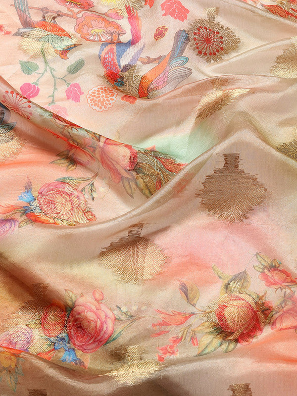 Multicolor Chanderi Art Silk Printed Floral Saree with Unstitched Blouse - Hiral Fashion