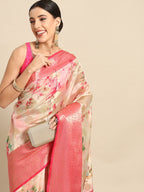 Pink Chanderi Art Silk Printed Floral Saree with Unstitched Blouse - Hiral Fashion