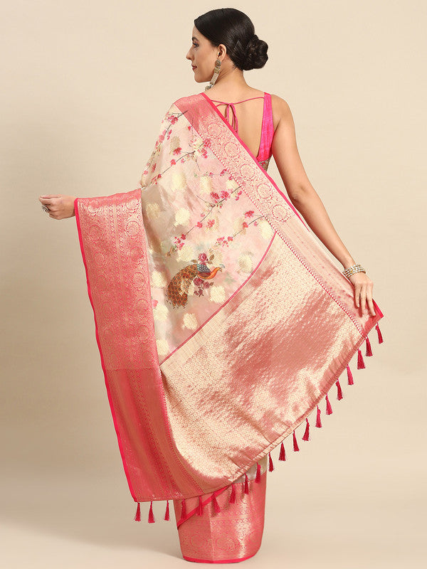 Pink Chanderi Art Silk Printed Floral Saree with Unstitched Blouse - Hiral Fashion