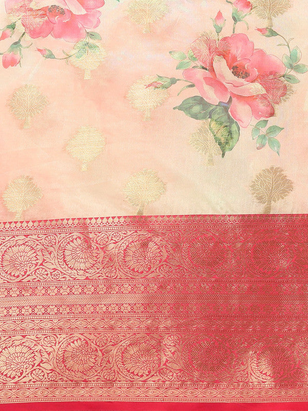 Pink Chanderi Art Silk Printed Floral Saree with Unstitched Blouse - Hiral Fashion