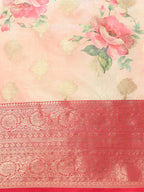Pink Chanderi Art Silk Printed Floral Saree with Unstitched Blouse - Hiral Fashion