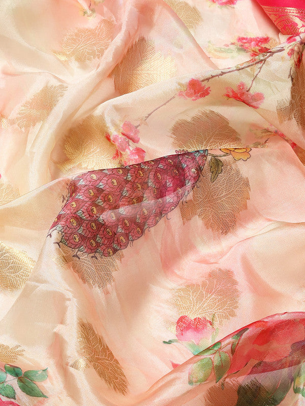 Pink Chanderi Art Silk Printed Floral Saree with Unstitched Blouse - Hiral Fashion