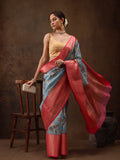 Blue Chanderi Art Silk Digital Print Floral Saree with Unstitched Blouse - Hiral Fashion