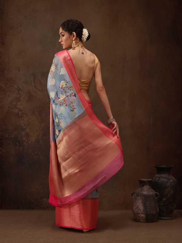 Blue Chanderi Art Silk Digital Print Floral Saree with Unstitched Blouse - Hiral Fashion