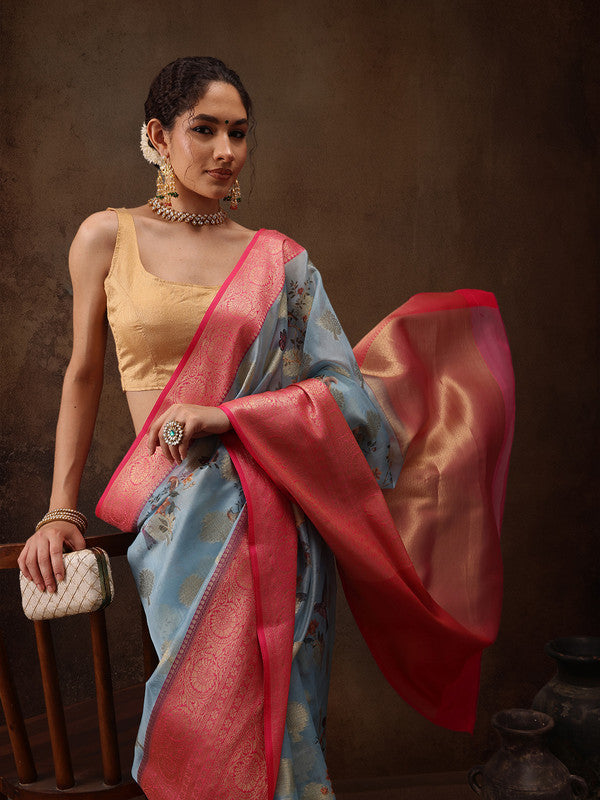 Blue Chanderi Art Silk Digital Print Floral Saree with Unstitched Blouse - Hiral Fashion