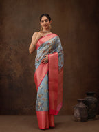 Blue Chanderi Art Silk Digital Print Floral Saree with Unstitched Blouse - Hiral Fashion