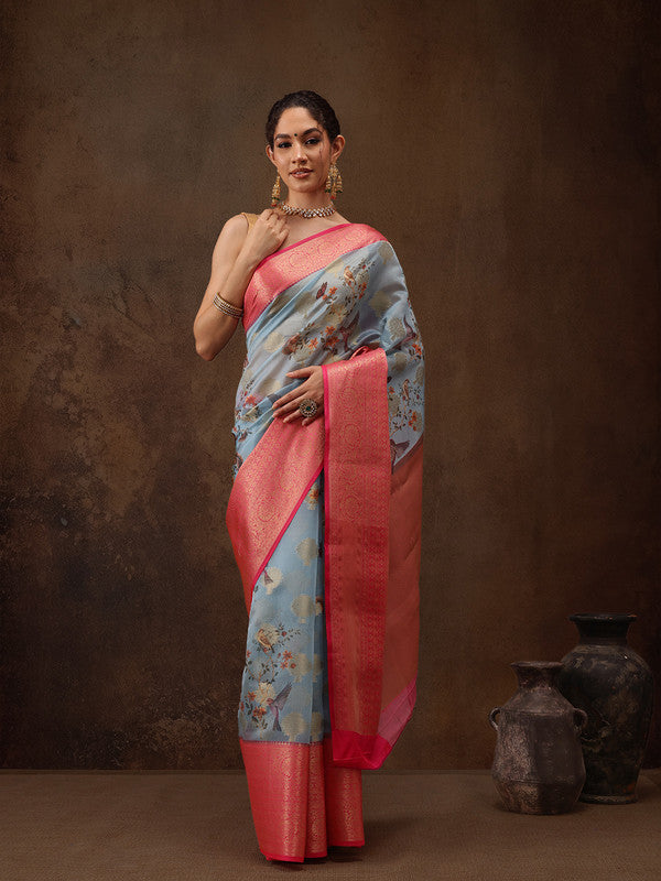 Blue Chanderi Art Silk Digital Print Floral Saree with Unstitched Blouse - Hiral Fashion