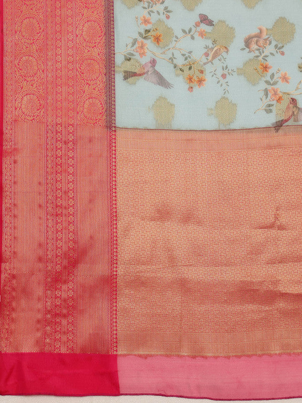 Blue Chanderi Art Silk Digital Print Floral Saree with Unstitched Blouse - Hiral Fashion