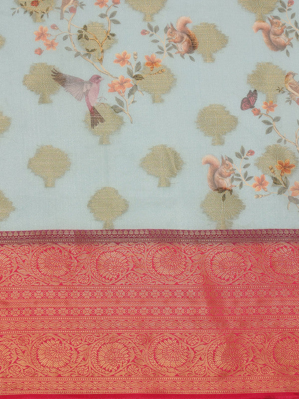 Blue Chanderi Art Silk Digital Print Floral Saree with Unstitched Blouse - Hiral Fashion
