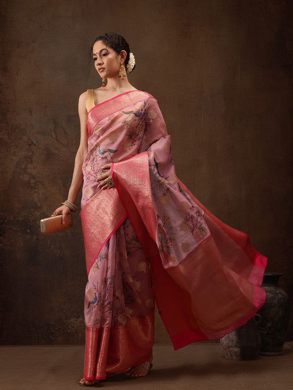Light Pink Chanderi Art Silk Digital Print Floral Saree with Unstitched Blouse - Hiral Fashion