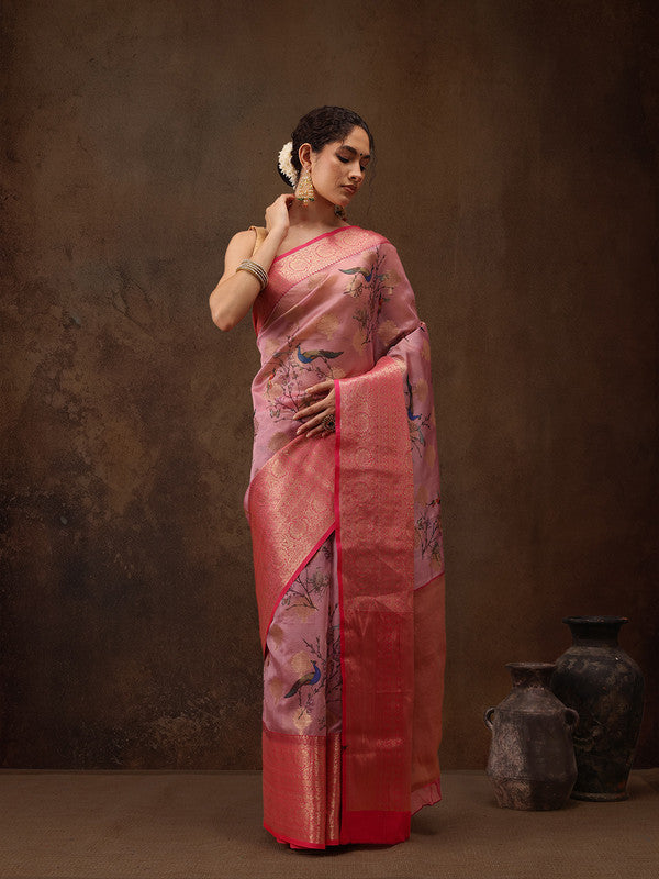 Light Pink Chanderi Art Silk Digital Print Floral Saree with Unstitched Blouse - Hiral Fashion