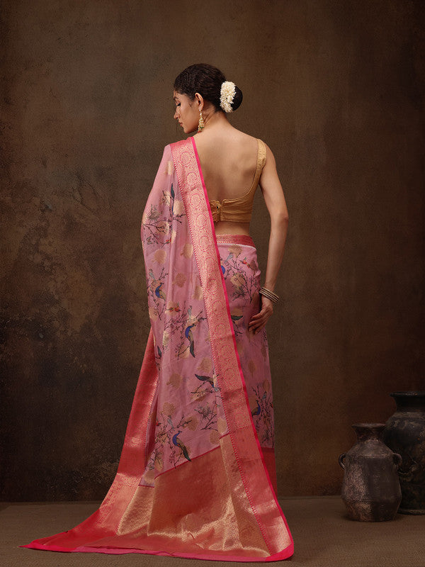 Light Pink Chanderi Art Silk Digital Print Floral Saree with Unstitched Blouse - Hiral Fashion