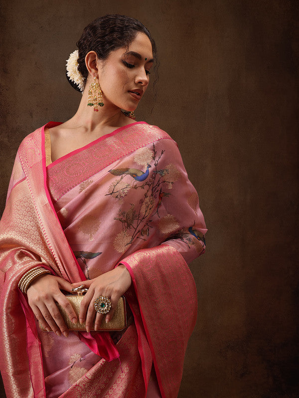 Light Pink Chanderi Art Silk Digital Print Floral Saree with Unstitched Blouse - Hiral Fashion