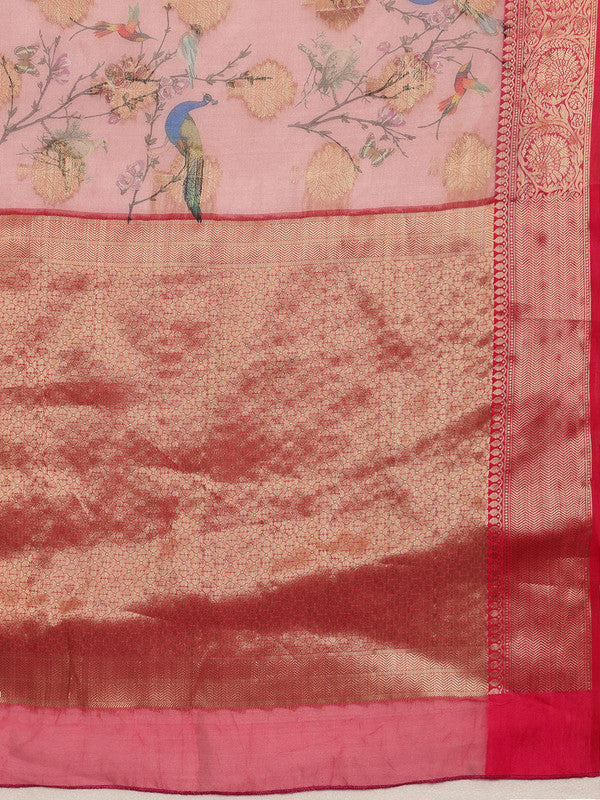 Light Pink Chanderi Art Silk Digital Print Floral Saree with Unstitched Blouse - Hiral Fashion