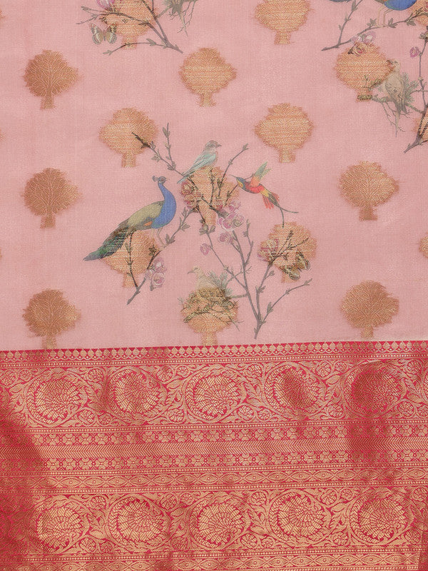 Light Pink Chanderi Art Silk Digital Print Floral Saree with Unstitched Blouse - Hiral Fashion