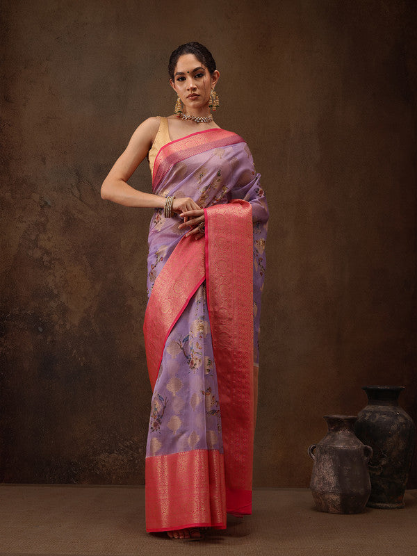 Lavender Chanderi Art Silk Digital Print Floral Saree with Unstitched Blouse - Hiral Fashion