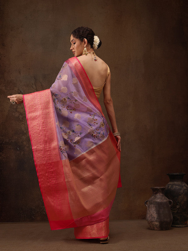 Lavender Chanderi Art Silk Digital Print Floral Saree with Unstitched Blouse - Hiral Fashion