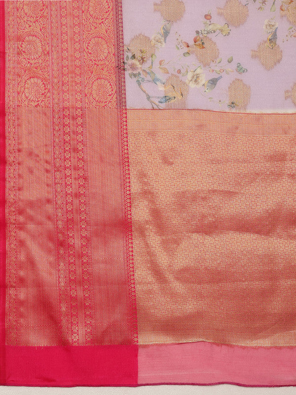 Lavender Chanderi Art Silk Digital Print Floral Saree with Unstitched Blouse - Hiral Fashion