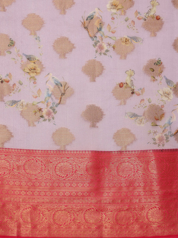 Lavender Chanderi Art Silk Digital Print Floral Saree with Unstitched Blouse - Hiral Fashion