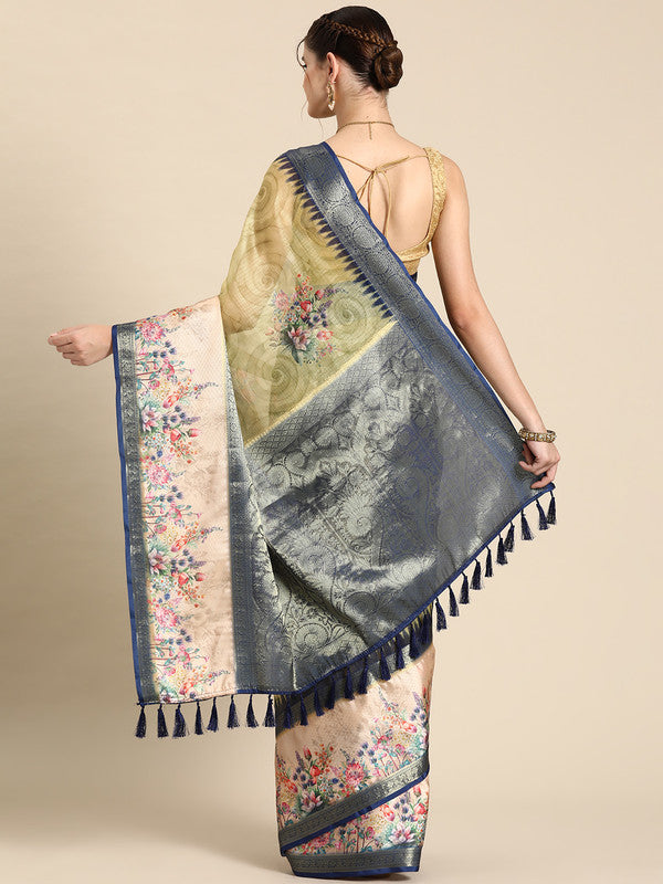 Olive Kanjeevaram Silk Digital Print Floral Saree with Unstitched Blouse - Hiral Fashion
