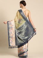 Olive Kanjeevaram Silk Digital Print Floral Saree with Unstitched Blouse - Hiral Fashion