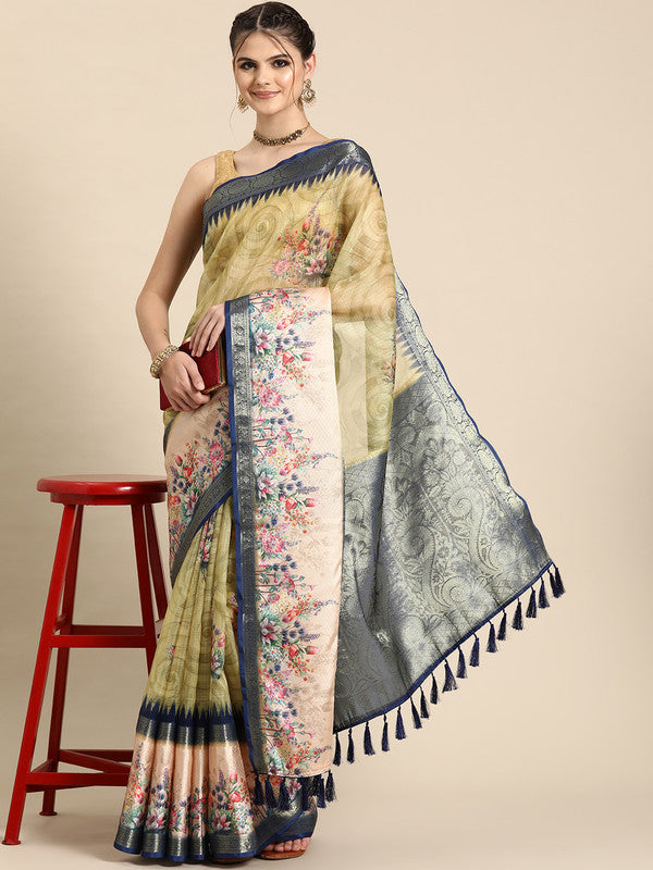 Olive Kanjeevaram Silk Digital Print Floral Saree with Unstitched Blouse - Hiral Fashion