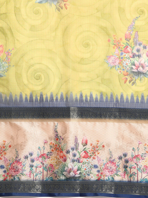 Olive Kanjeevaram Silk Digital Print Floral Saree with Unstitched Blouse - Hiral Fashion
