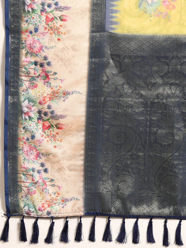 Olive Kanjeevaram Silk Digital Print Floral Saree with Unstitched Blouse - Hiral Fashion