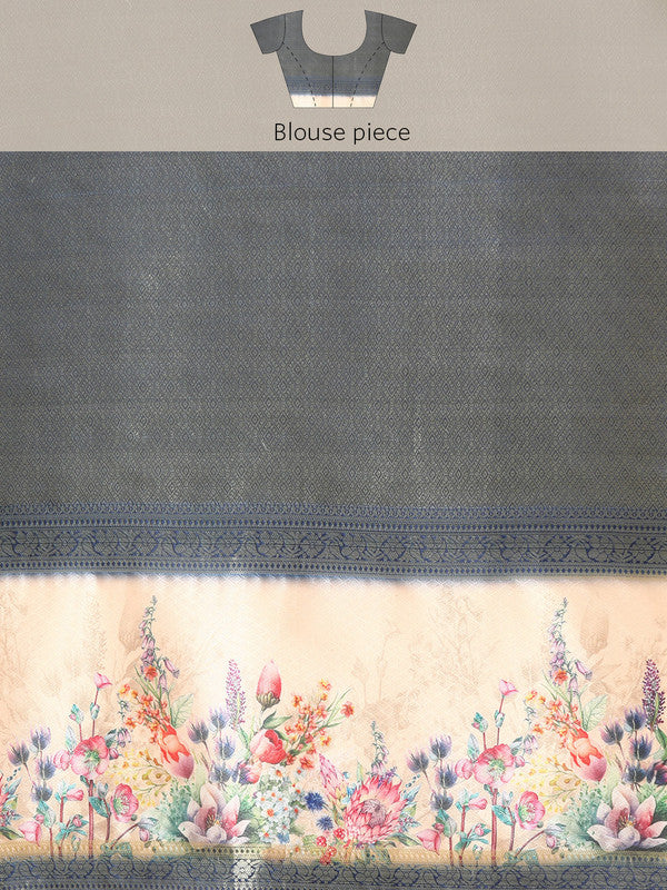 Olive Kanjeevaram Silk Digital Print Floral Saree with Unstitched Blouse - Hiral Fashion