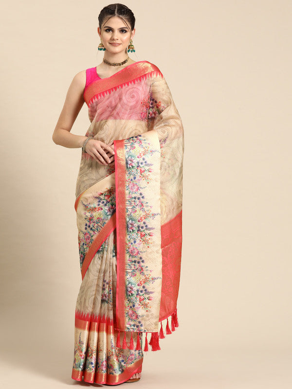 Peach Kanjeevaram Silk Digital Print Floral Saree with Unstitched Blouse - Hiral Fashion