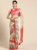 Peach Kanjeevaram Silk Digital Print Floral Saree with Unstitched Blouse - Hiral Fashion