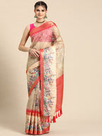 Peach Kanjeevaram Silk Digital Print Floral Saree with Unstitched Blouse - Hiral Fashion