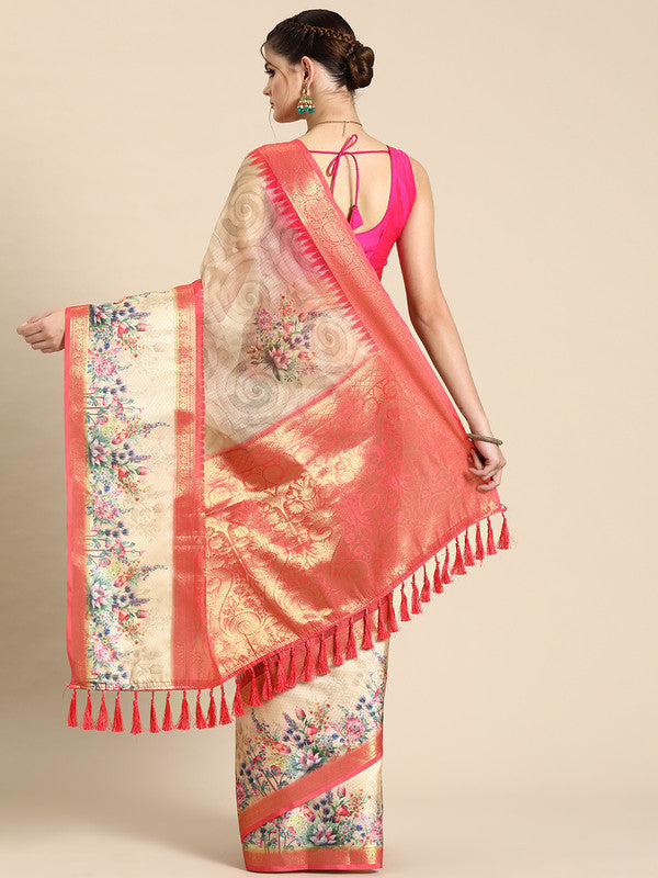 Peach Kanjeevaram Silk Digital Print Floral Saree with Unstitched Blouse - Hiral Fashion