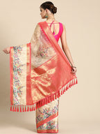 Peach Kanjeevaram Silk Digital Print Floral Saree with Unstitched Blouse - Hiral Fashion