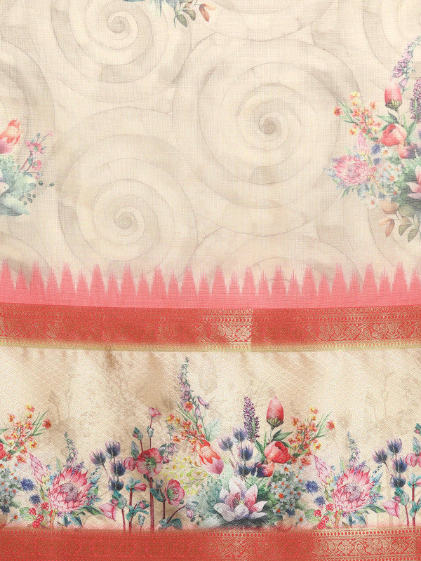 Peach Kanjeevaram Silk Digital Print Floral Saree with Unstitched Blouse - Hiral Fashion