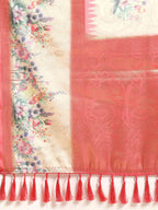 Peach Kanjeevaram Silk Digital Print Floral Saree with Unstitched Blouse - Hiral Fashion