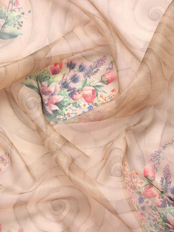 Peach Kanjeevaram Silk Digital Print Floral Saree with Unstitched Blouse - Hiral Fashion