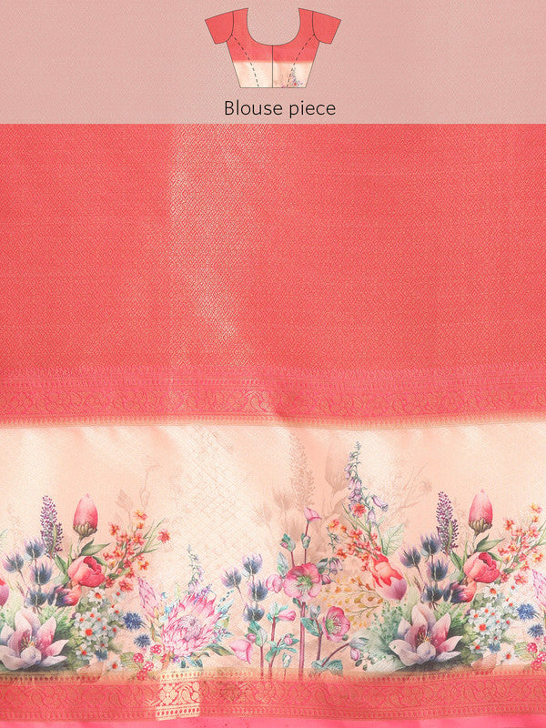 Peach Kanjeevaram Silk Digital Print Floral Saree with Unstitched Blouse - Hiral Fashion