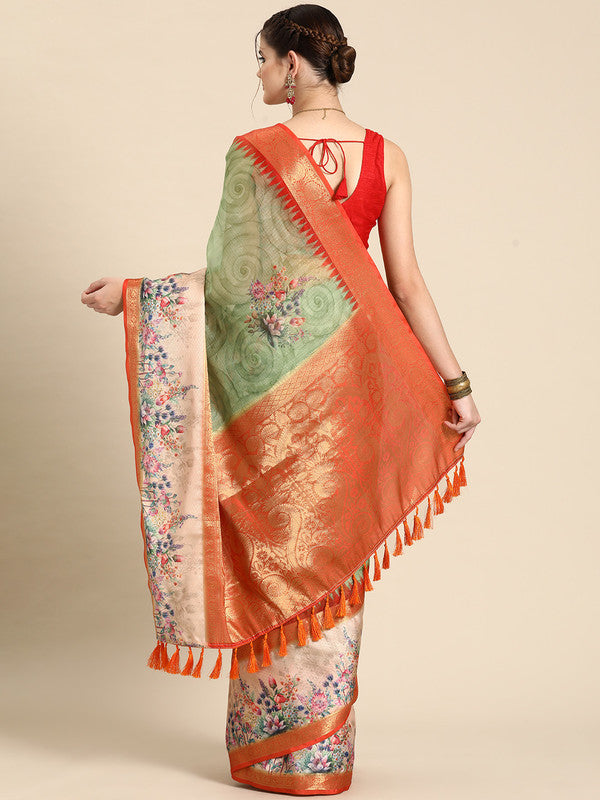 Green Kanjeevaram Silk Digital Print Floral Saree with Unstitched Blouse - Hiral Fashion