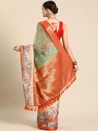 Green Kanjeevaram Silk Digital Print Floral Saree with Unstitched Blouse - Hiral Fashion