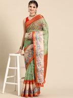 Green Kanjeevaram Silk Digital Print Floral Saree with Unstitched Blouse - Hiral Fashion