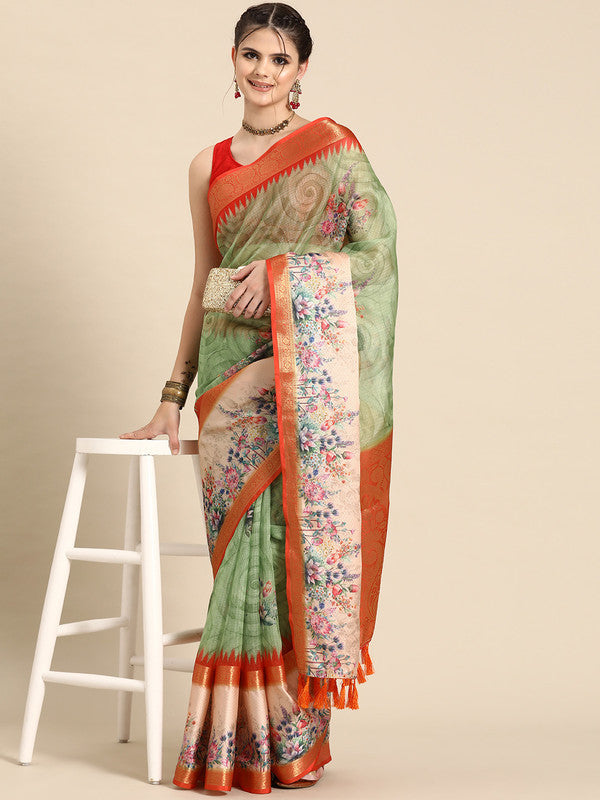 Green Kanjeevaram Silk Digital Print Floral Saree with Unstitched Blouse - Hiral Fashion